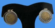 Mexican Coin Pierced Earrings, 14 Kt White Gold