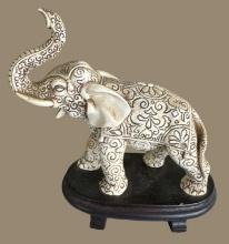 Vintage Faux Ivory Elephant on Wooden Stand