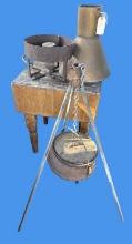 Antique Iron Kettle on Tripod with Gas Burner and