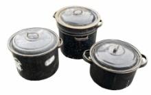 (3) Enamelware Pots with 3 Lids