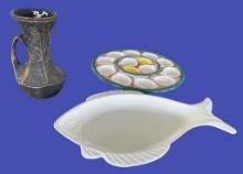 Assorted Pottery Items: 13 1/2” Signed Oyster