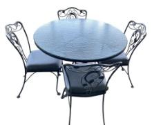 Round Iron Glass Top Table and (4) Iron Chairs