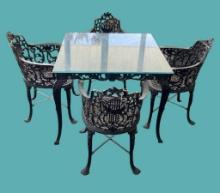 Square Iron Glass Top Table and (4) Iron