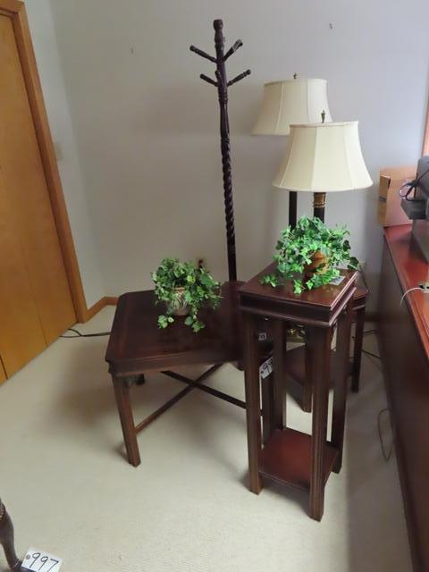 Coffee Table, (3) Side Tables, Coat Rack, and (2) Lamps (BUYER MUST LOAD) (McKeesport) (Caraco)
