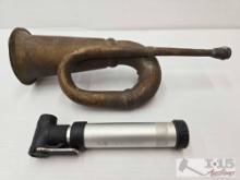 Antique Brass Car Horn and Crankbrothers Bike Pump
