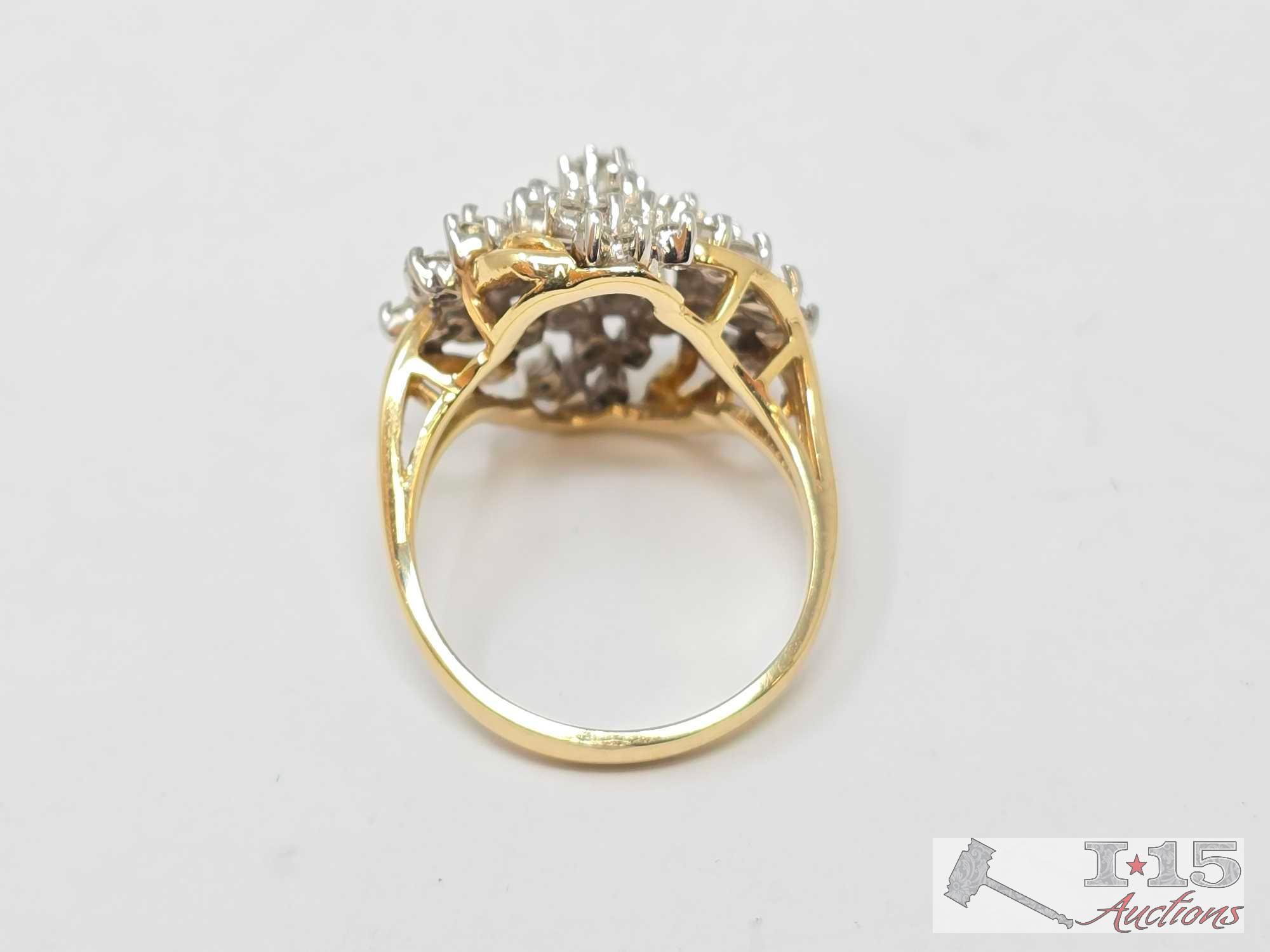 14K Gold Round-Cut Cluster Diamond Ring, 6.89g
