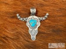 Native American Sterling Silver Turquoise Bullhead Pendant, 41g