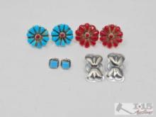 (4) Native American Sterling Turquoise & Coral Earrings, 1401g