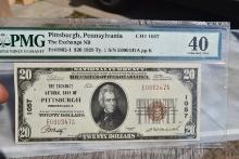 1929 $20 Brown Seal Note, Pittsburgh Graded 40 PMG