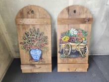 Wood Panel with Flowers in a Ceramic Pot and Wagon with Flowers Painting Decor