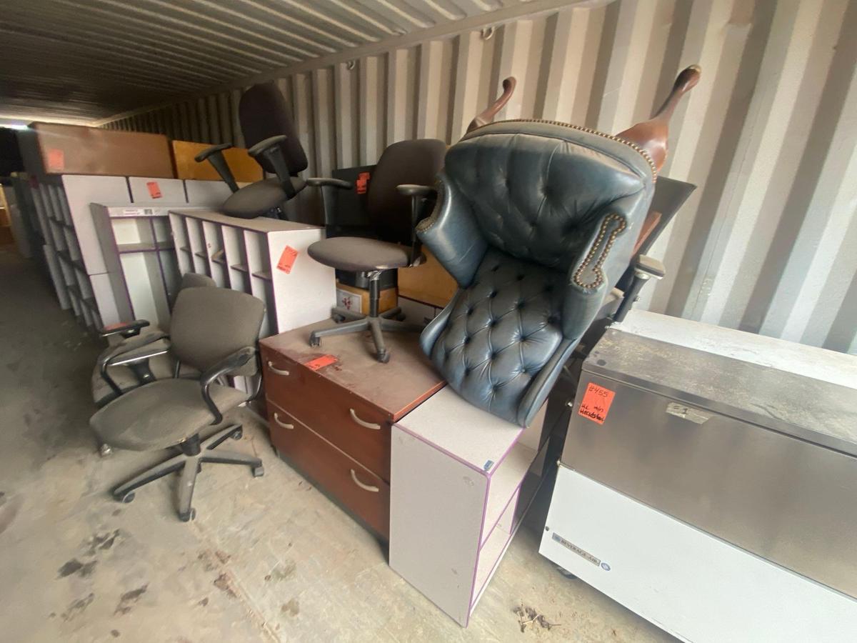 (5) Rolling Chairs, Group of Portable Student Desks, (1) Wooden 2-Drawer Filing Cabinet, Plus