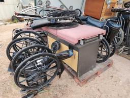 (2) Ambulance Stretchers, (7) Wheel Chairs, (1) Wooden Cabinet