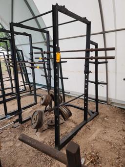 Commercial Gym Squat Rack, (2) Weightlifting Barbells, (2) Weight Racks, Group of Weights