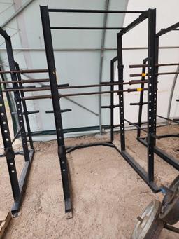 Commercial Gym Squat Rack, (2) Weightlifting Barbells, (1) Weight Rack, Group of Weights