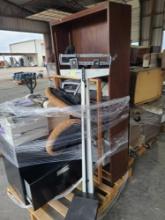 Wooden Shelf, Wooden Shelf with Drawers, Group of Printers, (1) Scale, (1) Rolling Chair, Plus