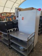 (2) 3 Shelves Stainless Steel Carts, Group of Stainless Steel Bowls, (1) Standing Freezer, Plus