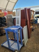 (1) Plastic Janitor Cart, (4) Wooden Desks, (1) 3 Tier Rolling Cart, (1) Childrens Wooden Chair Plus