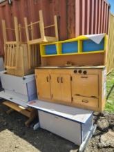 Toy Sink/Oven Shelf Furniture, (2) Wooden Chairs