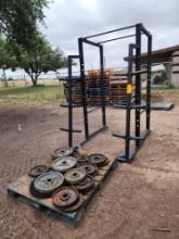 Commercial Gym Squat Rack, Group of Assorted Weights, (2) Weight Plate Racks