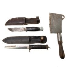 WWII US Ka-Bar Knife & Meat Clever M3 Lot (3)