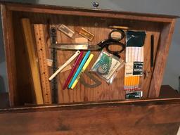 Vintage Art Desk w/ Attached Lamp, Pencil Sharpener & Drawer with Misc Art Supplies