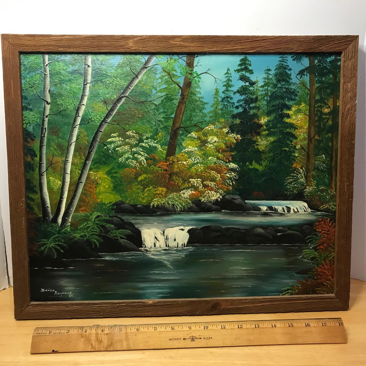 Beautiful Framed Original Waterfall Scene Oil Painting by Brenda Raymond