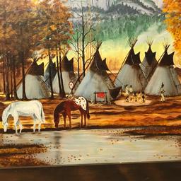 Awesome Framed Original Indian Village Scene Oil Painting by Brenda Raymond "Brenda 82"