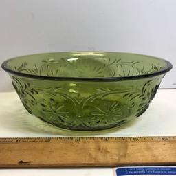 Vintage Green Glass Bowl with Embossed Daisy Design