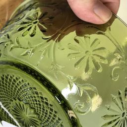 Vintage Green Glass Bowl with Embossed Daisy Design