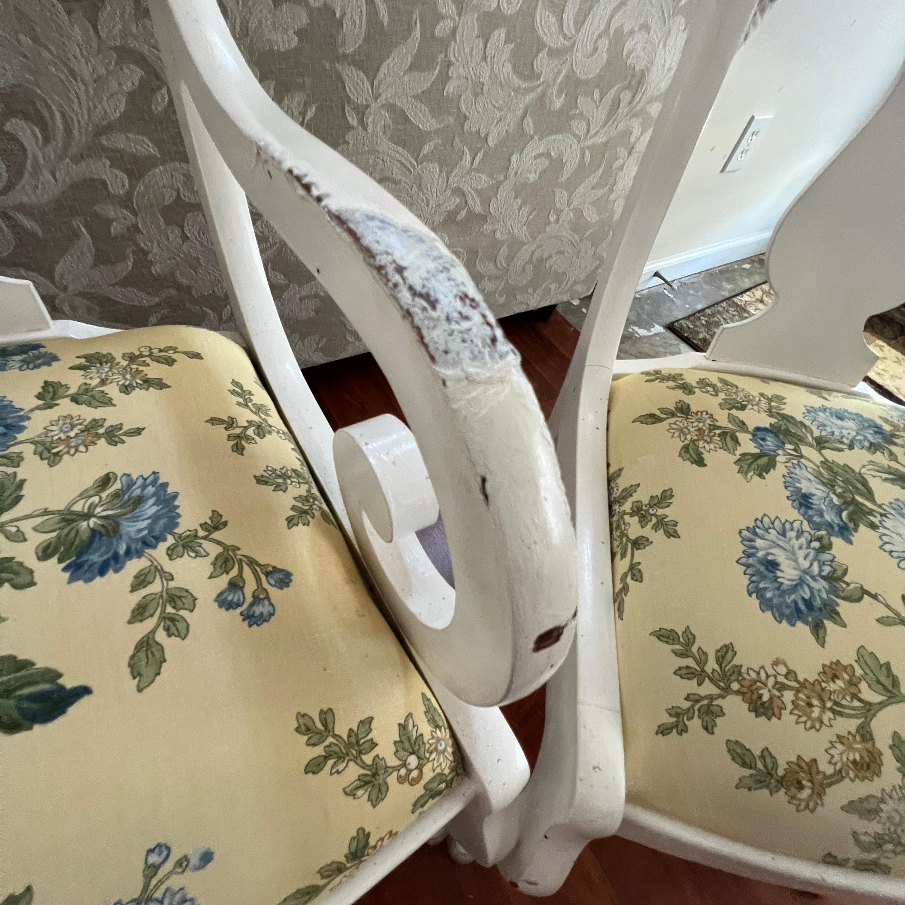 Set of 4 Dining Chairs Painted White with Floral Upholstered Seats - 1 Captain's Chair
