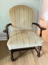 1930's French Carved Arm Chair with Striped Upholstery