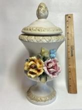 Lidded Floral Pedestal Jar with Floral Front Made in Italy