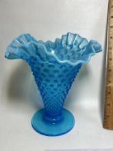 Vintage Fenton Blue Hobnail Ruffled Top Vase