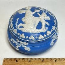Blue & White Pottery Round Trinket Box with Angel Scene