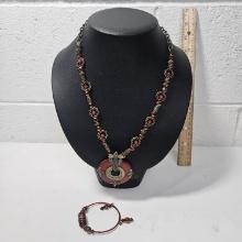 Handmade Gold Tone Necklace with Red Beads, Coordinating Bracelet