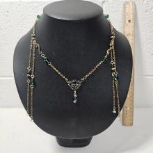 Handmade Gold Tone Necklace with Emerald Color Stones