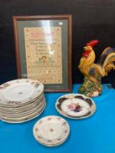Cross stitch framed sampler Bavaria plates and a rooster