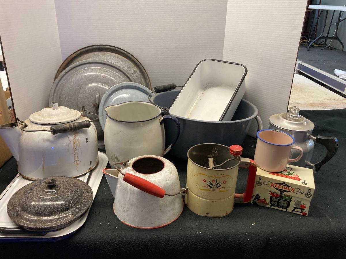 Enamelware graniteware sifter, tea kettles pot recipe, box, coffee pot