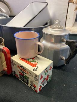 Enamelware graniteware sifter, tea kettles pot recipe, box, coffee pot