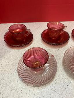 Ruby glass swirl demitasse cups and saucers
