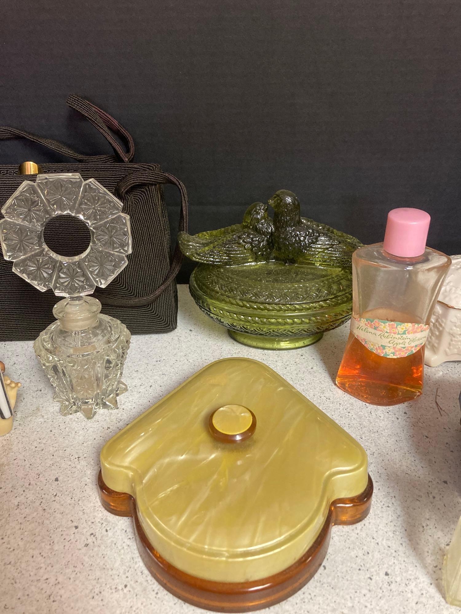 Very nice ladies lot head vase with umbrella top perfume bottles, purse gloves, jewelry boxes