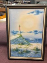 nicely framed oil on canvas lighthouse ocean Beach 29 x 42?