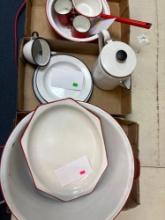 vintage porcelain on steel items wash basin cups pans coffee pots