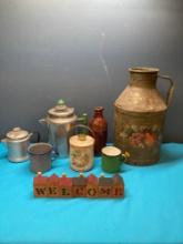 Vintage coffee pots, granite, and enamel cups and an old creamer