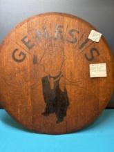 Genesis wine sign on Oak barrel top 23 inch diameter