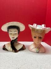 two vintage lady head vases