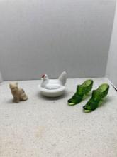 Fenton hand painted and signed cat, milk glass, hen on nest and two green glass slippers