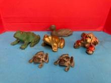 Cast iron and brass frogs, chalkware dog, metal duck