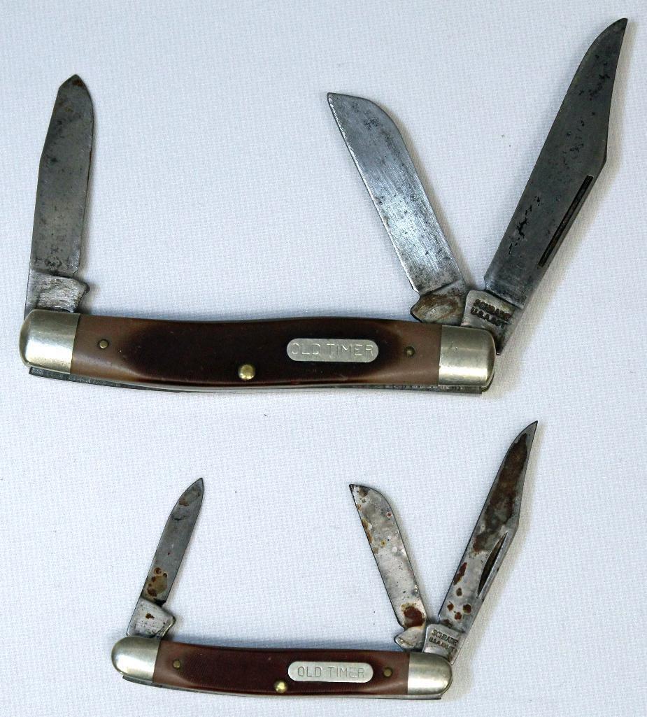 (2) Schrade Old Timer Three Blade Pocket Knives, Some Surface Rust on Blades of Smaller Knife