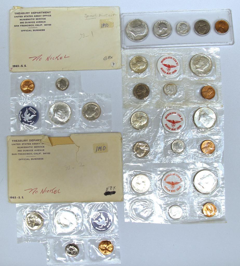 1964 U.S. Year Set in Plastic Holder, (3) 1964D U.S. Mint Sets (1) without Nickel and (2) 1965 U.S.